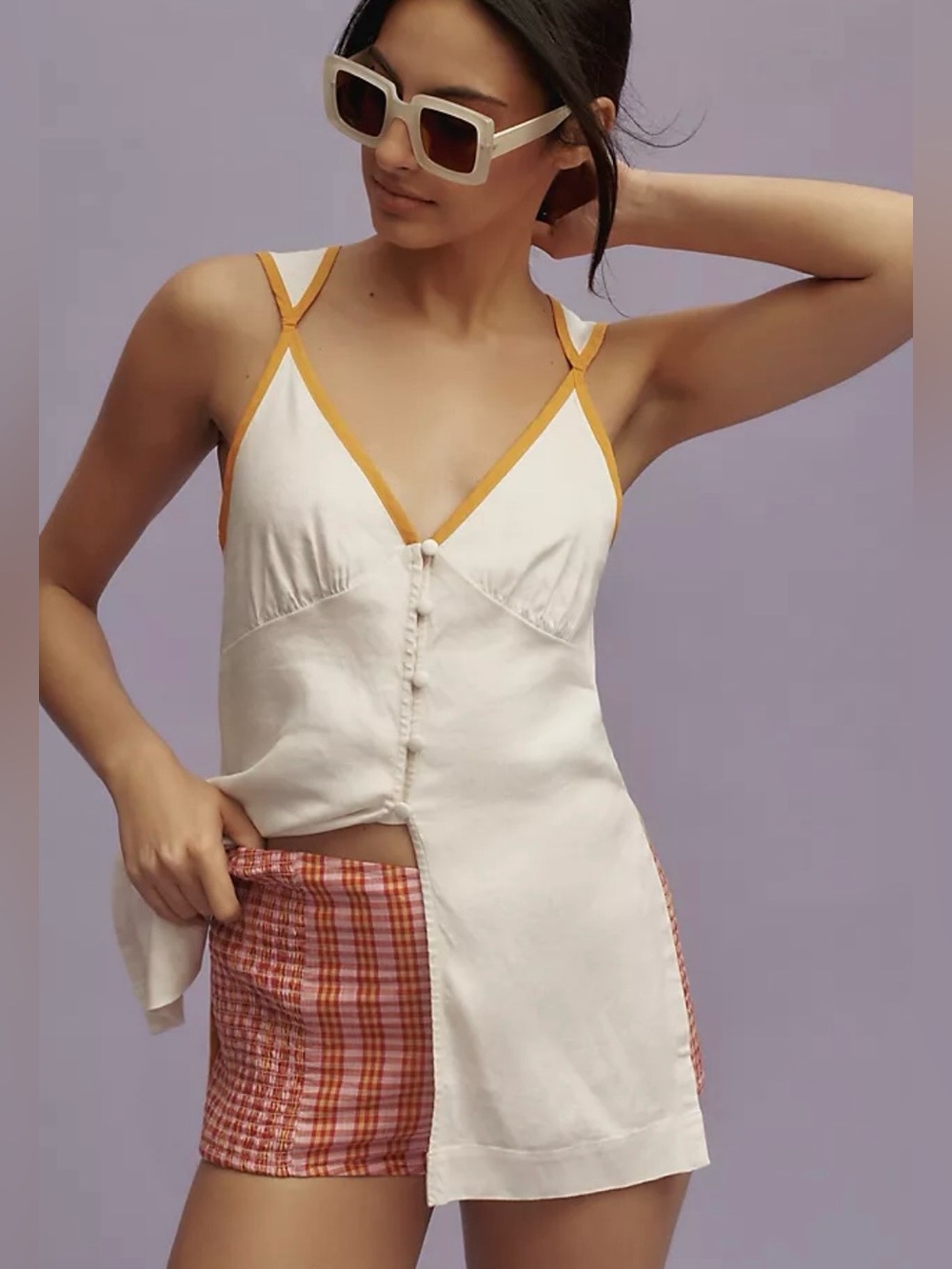 ANTHROPOLOGIE Linen Cutout Button Front Tank Top